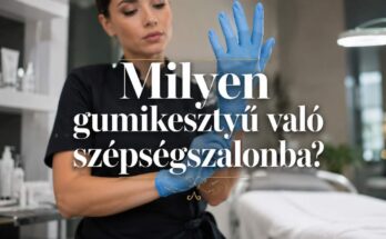 Kozmetikus kék nitril gumikesztyűt húz fel kezelés előtt egy szépségszalonban